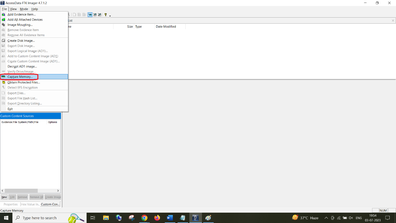 FTK Imager Capture memory